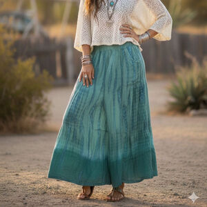 Women's Bohemian Teal Blue Tie-Dye Wide Leg Pants S Boho Gypsy Flowy Ocean Sea